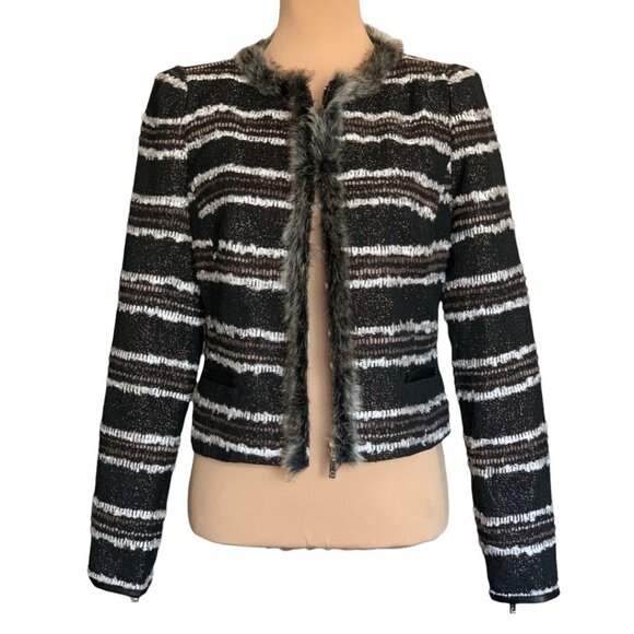 NWT Stella & Jamie Fur Trim Tweed Blazer Sz L Black White Striped Career Office - Picture 13 of 15